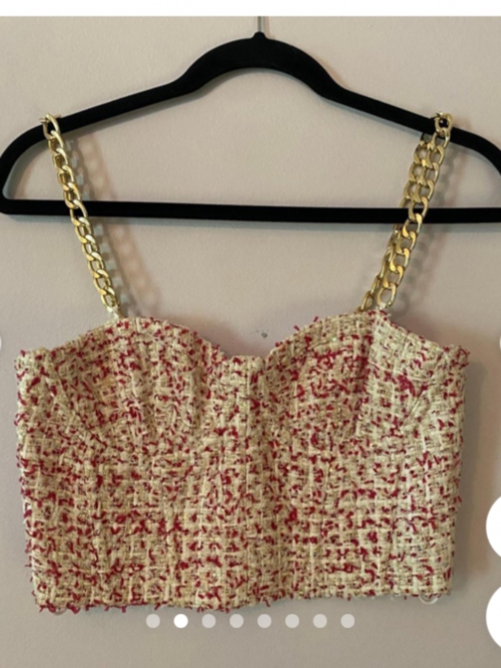 New Alice + Olivia White & Pink Tweed Crop Top Gold chain straps bustier top S 4 - Picture 6 of 6